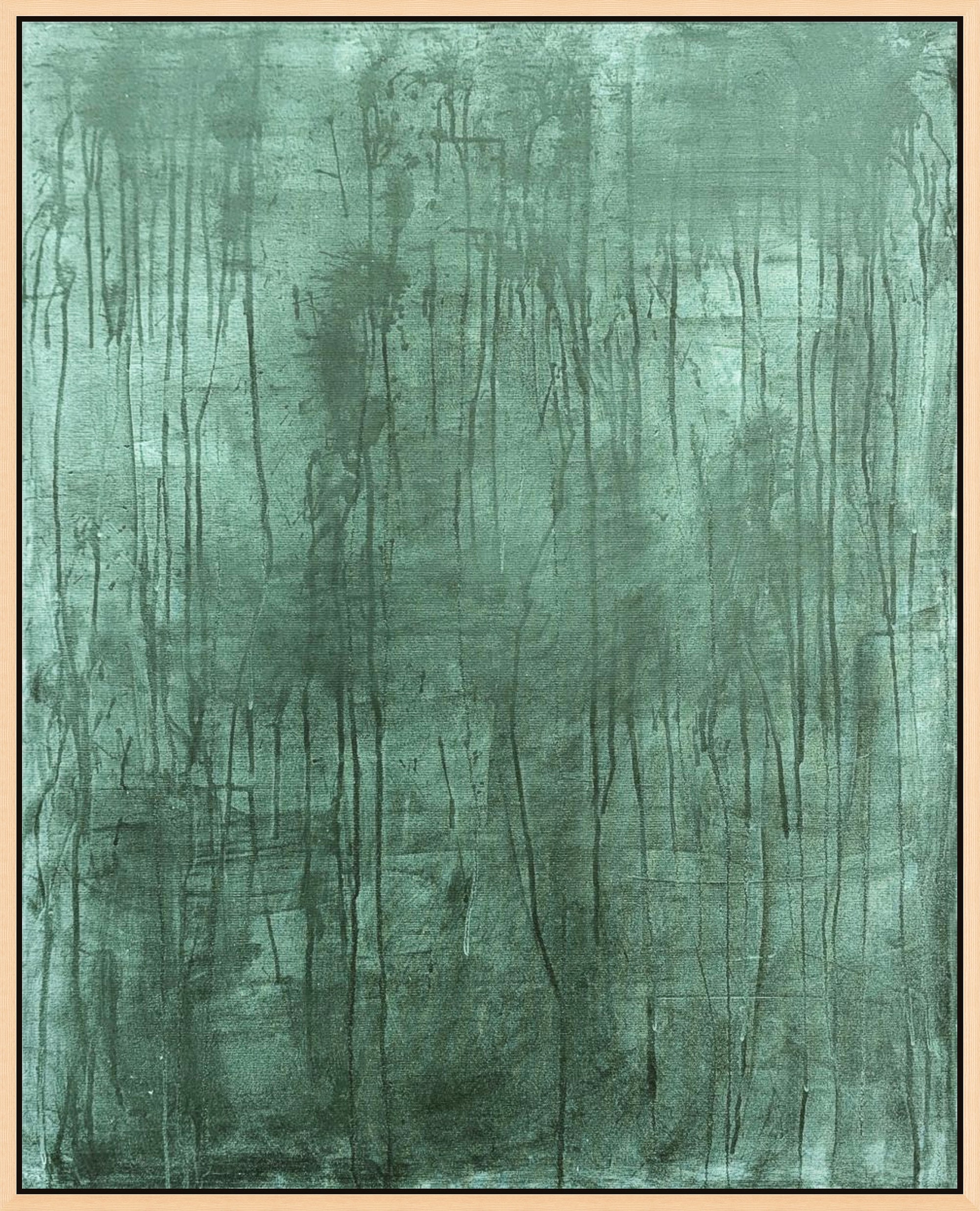 The image is a textured abstract painting with a dark green color scheme. The painting features a variety of lines and brushstrokes, creating a sense of depth and movement. The overall composition is visually striking and evokes a sense of mystery and intrigue.