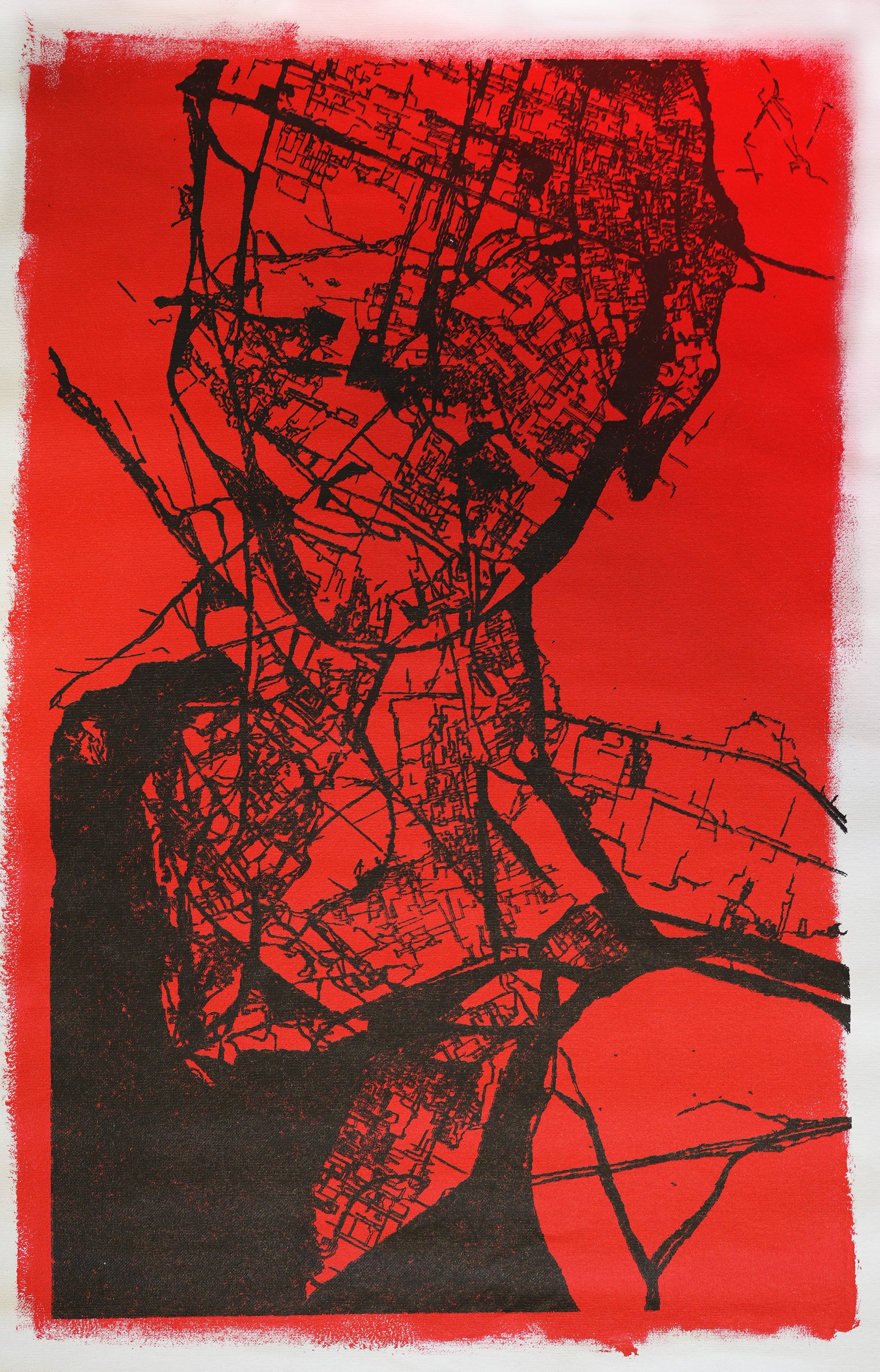 Abstract black ink silhouette on deep red paper — original pen plotter generative art with bold contrast. Algorithmic wall art for tech offices and collectors.