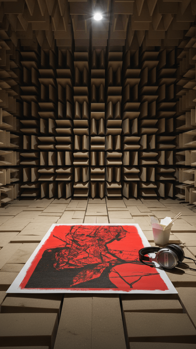 Red and black pen plotter art in a recording studio with acoustic foam panels — generative algorithmic artwork as creative space decor for producers and tech creatives.