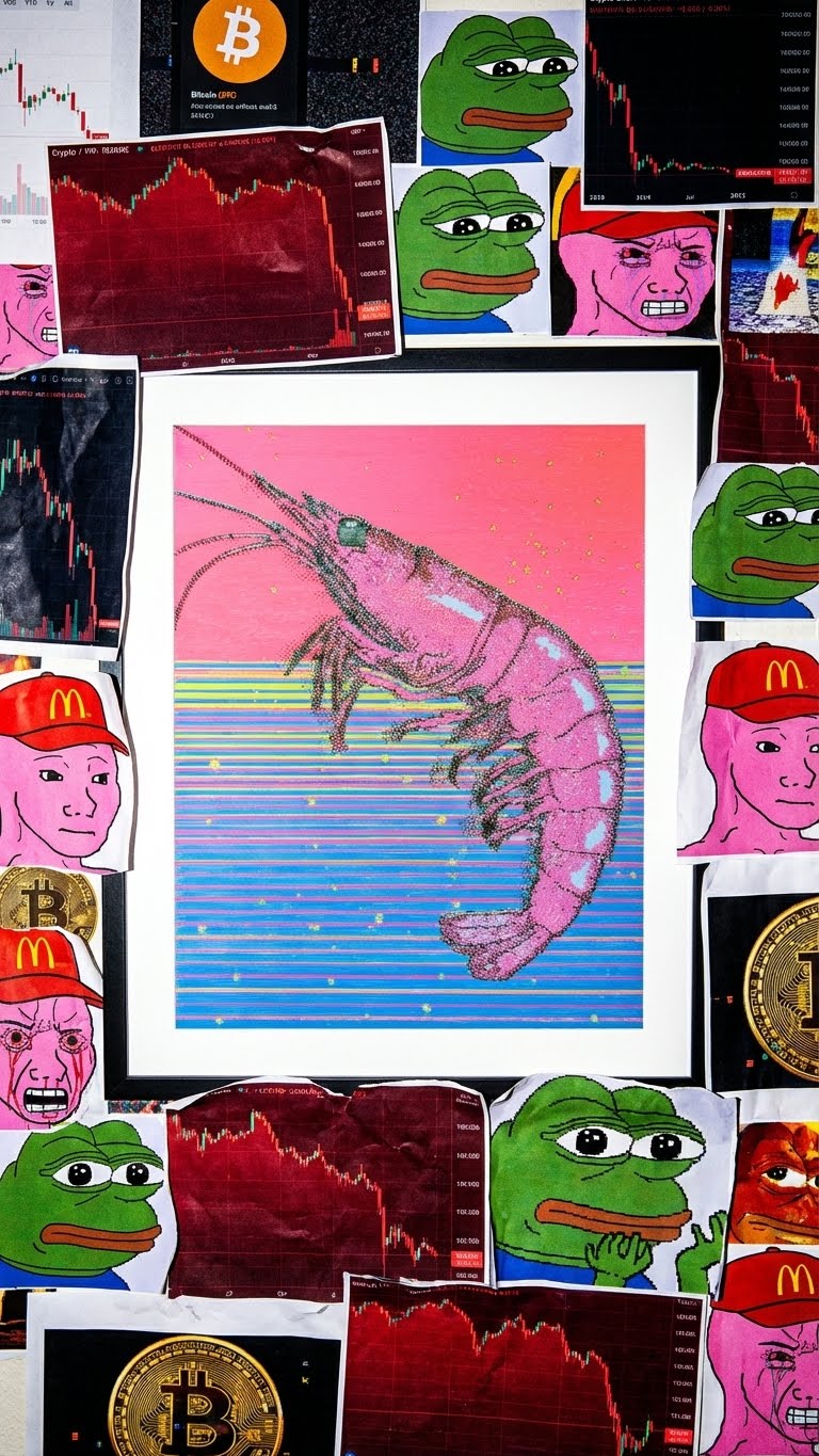 Pink and blue shrimp pen plotter art surrounded by crypto meme culture — Pepe, Bitcoin coins, and red charts. Generative artwork meeting web3 degen aesthetics.