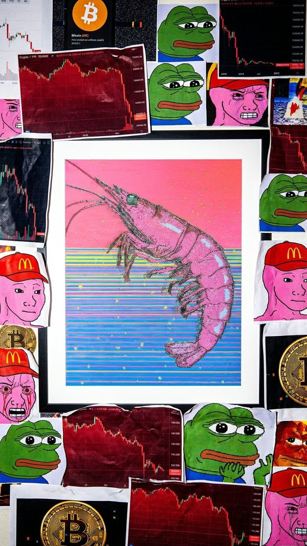 Pink and blue shrimp pen plotter art surrounded by crypto meme culture — Pepe, Bitcoin coins, and red charts. Generative artwork meeting web3 degen aesthetics.