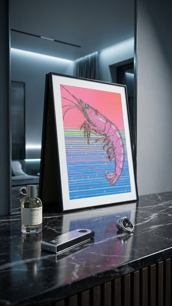 Pink and blue shrimp pen plotter art on dark marble counter with luxury fragrance — generative artwork as refined decor in a modern penthouse interior.