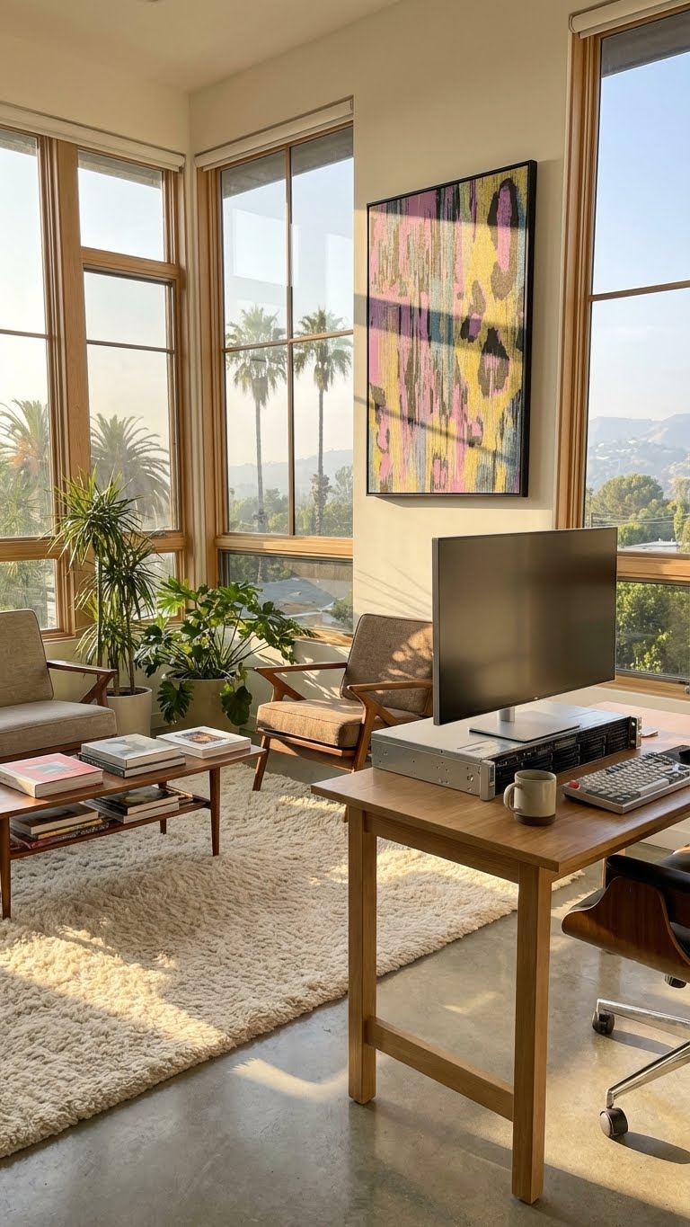 CMYK pen plotter art in a sun-drenched California home office with palm tree views — colorful generative algorithmic artwork for bright tech-forward workspaces.