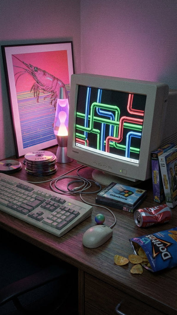 Pink and blue shrimp pen plotter art with a retro 90s PC, CRT pipe screensaver, lava lamp, and Windows 95 — generative artwork meets nostalgic tech aesthetics.