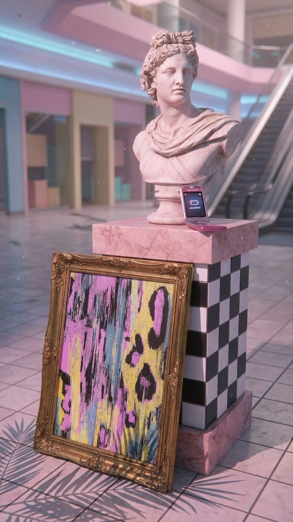 CMYK pen plotter art in gold frame at a vaporwave abandoned mall with Greek bust — generative artwork meets internet culture and retrowave nostalgia.