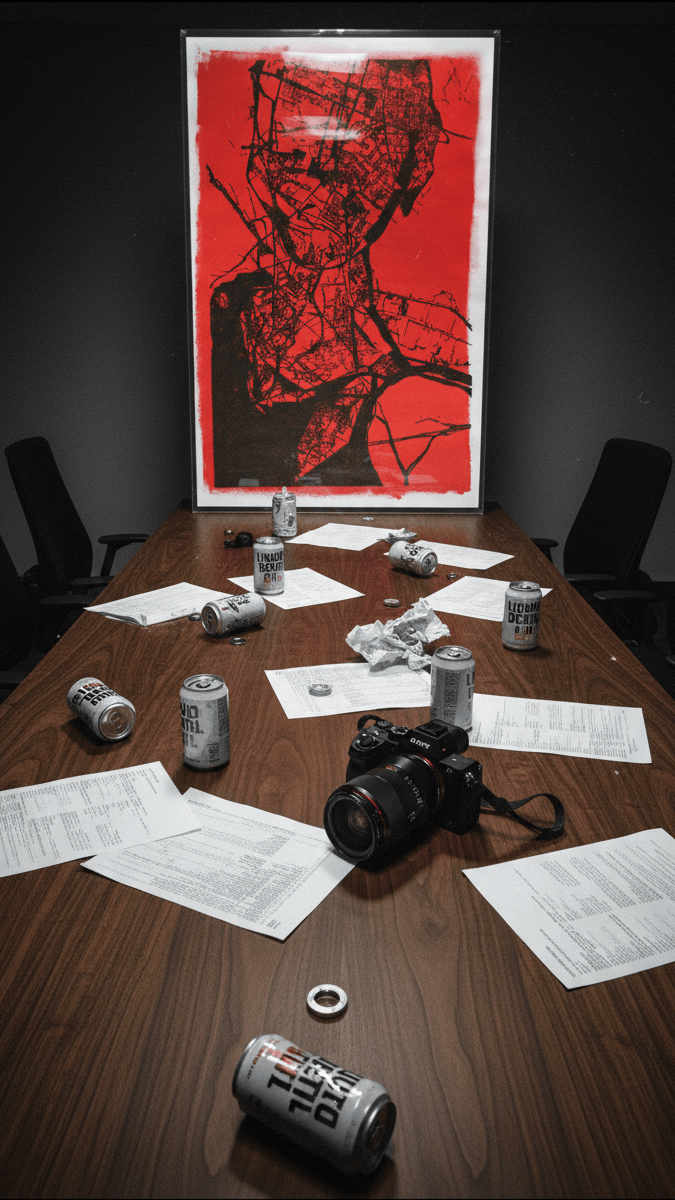 Red and black pen plotter art in a modern conference room — generative algorithmic artwork as bold corporate wall decor for startup and tech offices.