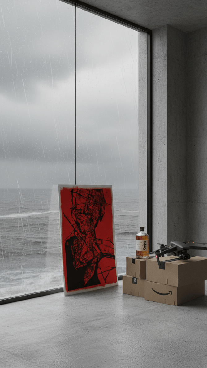Red and black pen plotter art in a modern waterfront apartment with drone and panoramic views — generative algorithmic artwork for tech founders and collectors.
