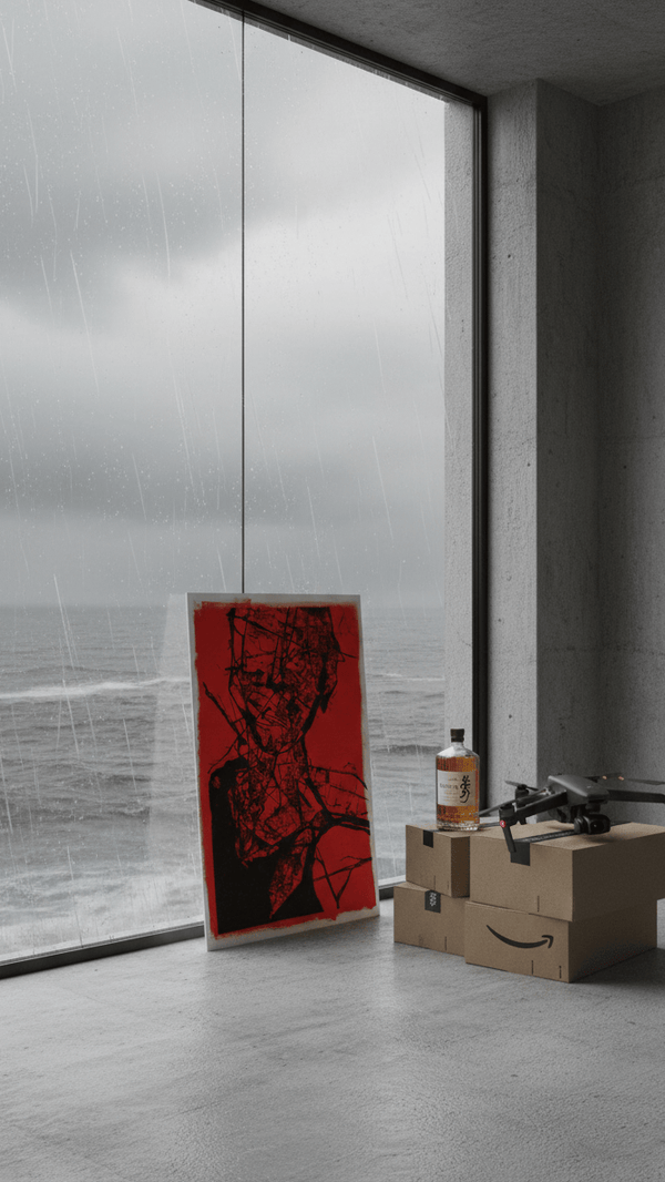 Red and black pen plotter art in a modern waterfront apartment with drone and panoramic views — generative algorithmic artwork for tech founders and collectors.