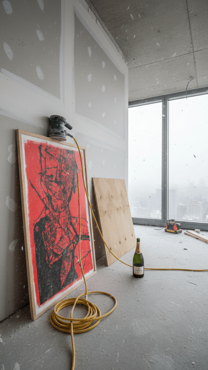 Large red and black pen plotter art in a raw renovation space with champagne — bold generative algorithmic artwork ready to anchor a new interior.