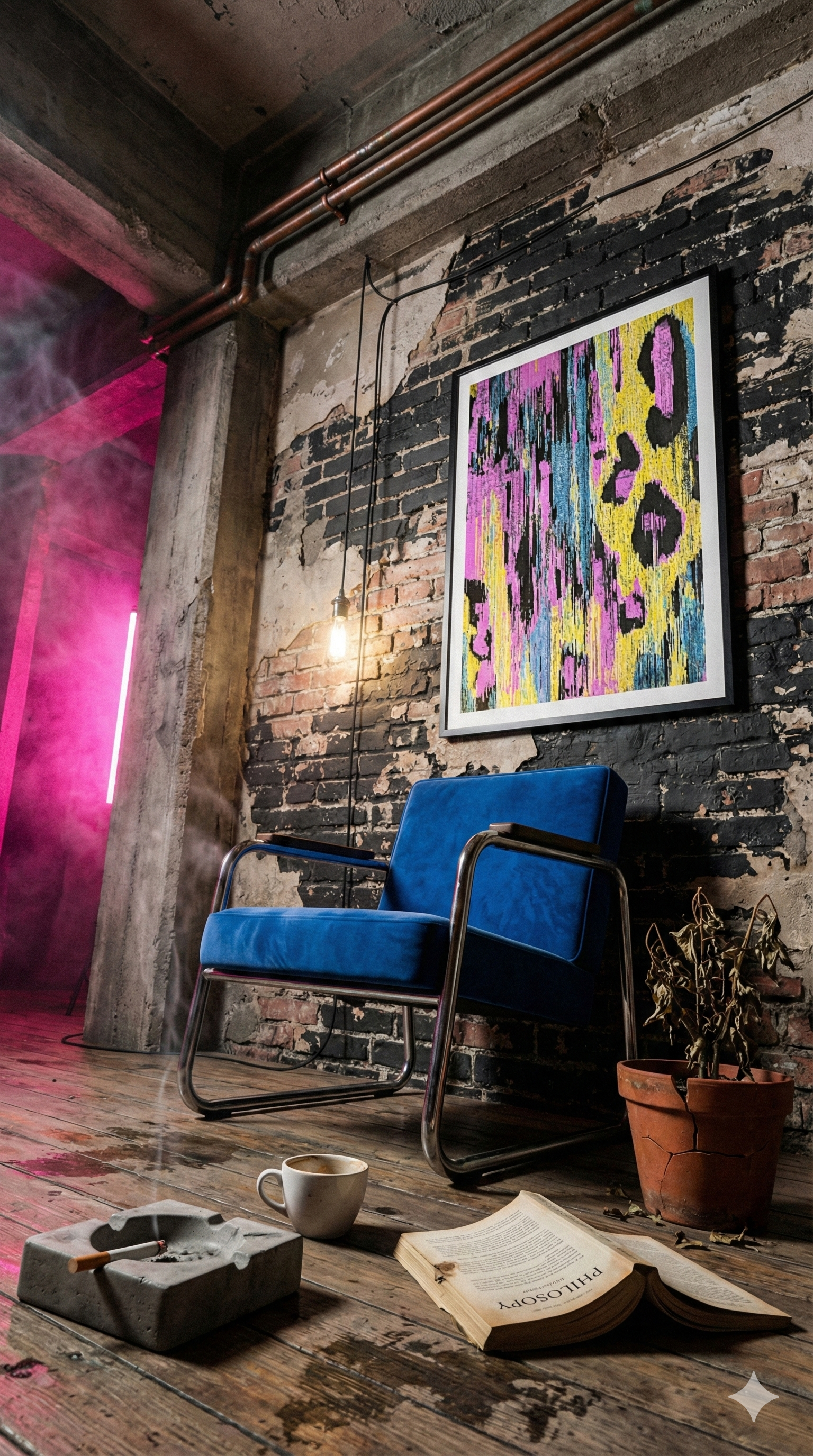 CMYK pen plotter art in a dark industrial loft with exposed brick and neon pink lighting — colorful generative artwork for creative studios and urban interiors.