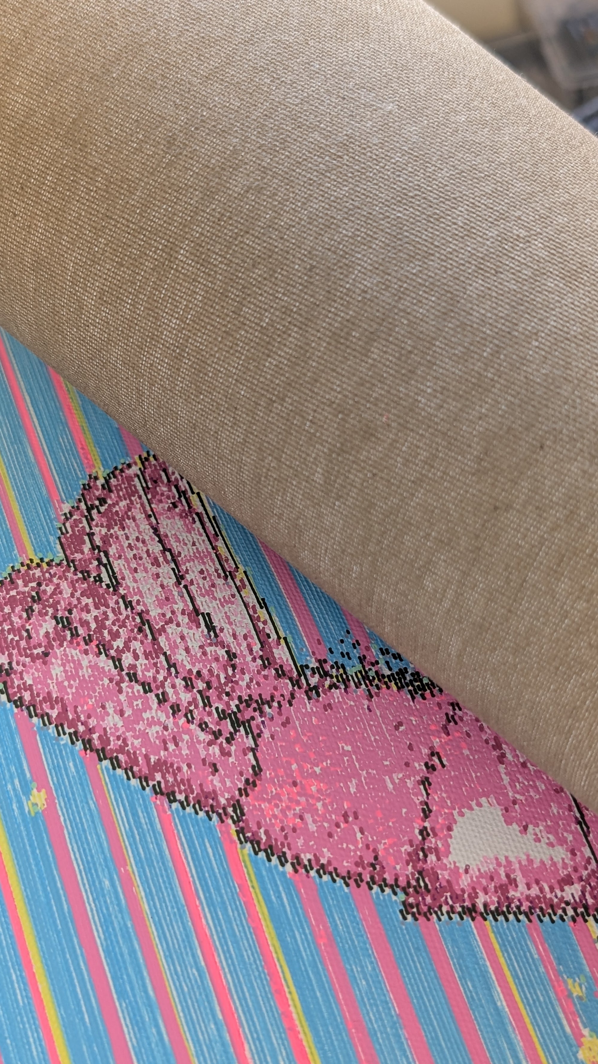 Close-up of pink and blue shrimp pen plotter art on canvas — detailed algorithmic ink lines forming a prawn on gradient background with visible paper texture.