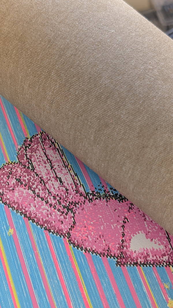Close-up of pink and blue shrimp pen plotter art on canvas — detailed algorithmic ink lines forming a prawn on gradient background with visible paper texture.