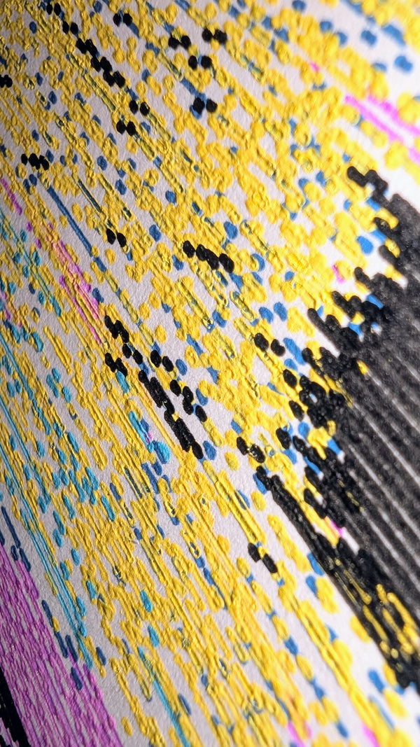 Extreme macro of CMYK pen plotter ink on paper — yellow, cyan, magenta, and black marks revealing algorithmic precision. Detail shot of original generative artwork.