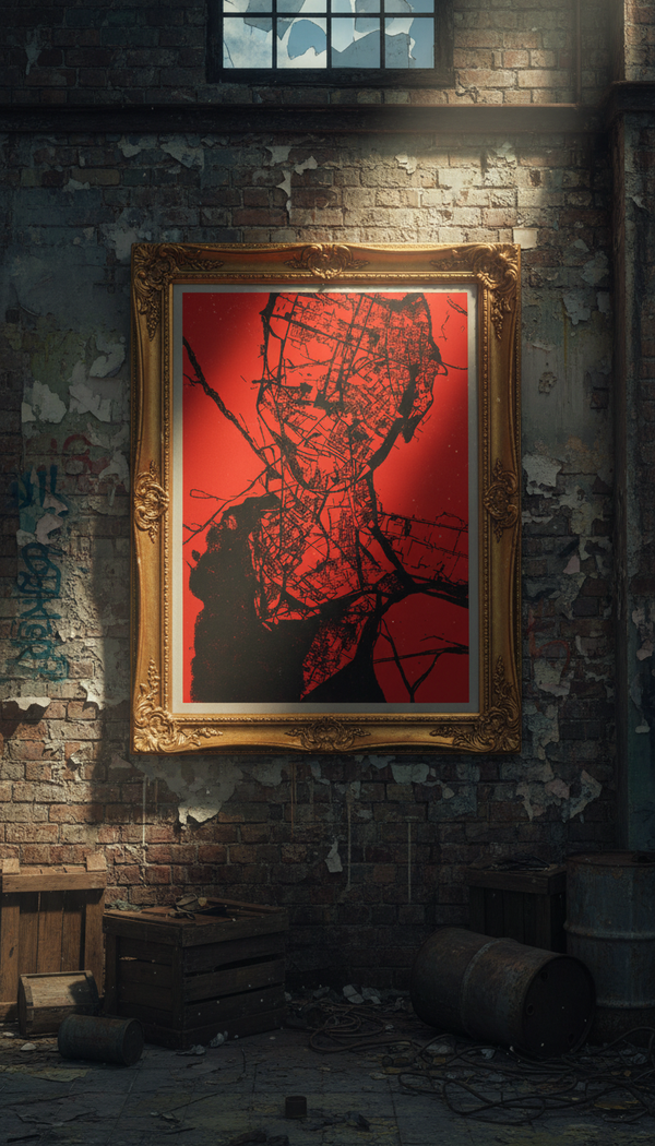 Framed red and black pen plotter art on exposed brick wall with industrial lighting — generative algorithmic artwork as statement piece in a loft-style interior.
