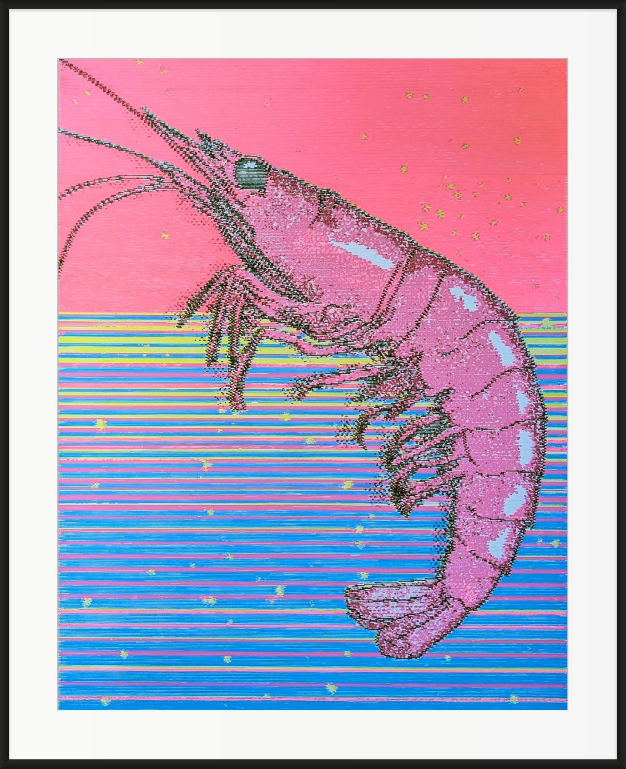 Framed pink and blue shrimp pen plotter art — algorithmic prawn on vibrant gradient with horizontal glitch lines. Original generative artwork by machine for collectors.