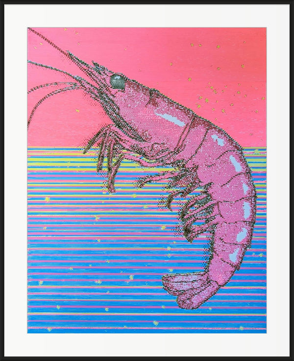 Framed pink and blue shrimp pen plotter art — algorithmic prawn on vibrant gradient with horizontal glitch lines. Original generative artwork by machine for collectors.