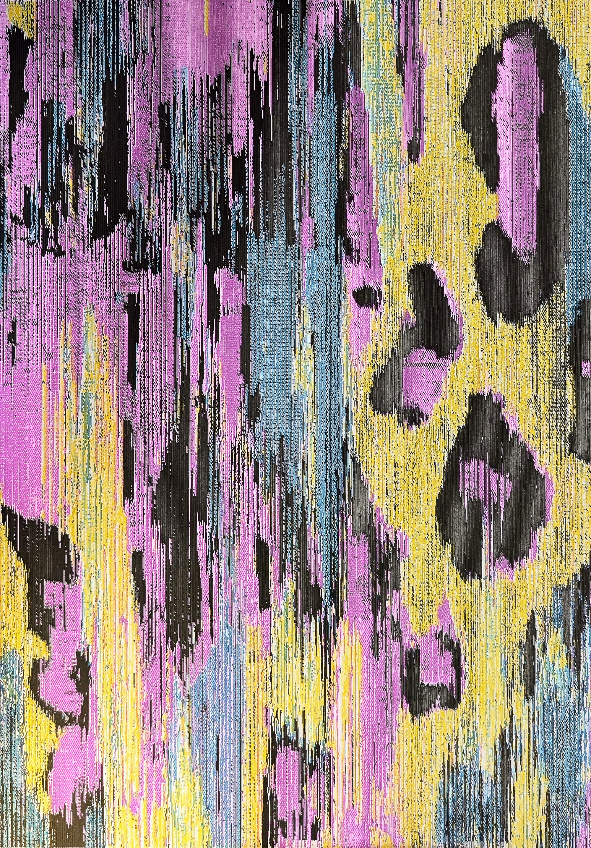 CMYK pen plotter generative art — vibrant pink, yellow, cyan, and black abstract glitch pattern on paper. Full view of original algorithmic artwork by machine.