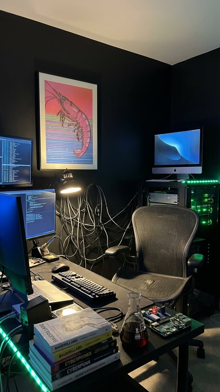 Pink and blue shrimp pen plotter art in a multi-monitor developer setup with Baudrillard books, Herman Miller chair, and green LED PC — generative art for tech caves.